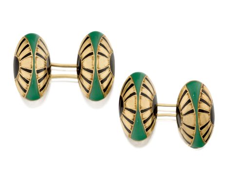 A pair of French Art Nouveau gold and enamel cufflinks, designed as oval domed panels with black enamel demi-flowerhead twin 