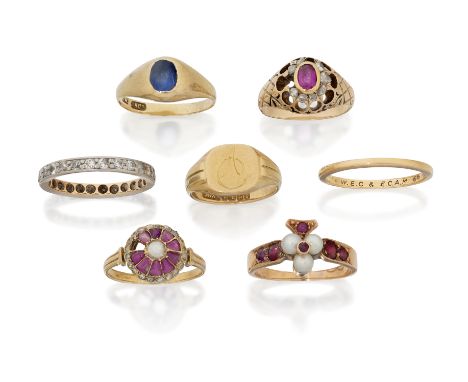 A group of seven rings, comprising: a Victorian gold ruby and rose-cut diamond cluster ring, two diamonds deficient, with ena