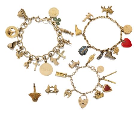Three charm bracelets, comprising: a curb link charm bracelet with later metal bolt ring, suspending an assortment of 9ct gol