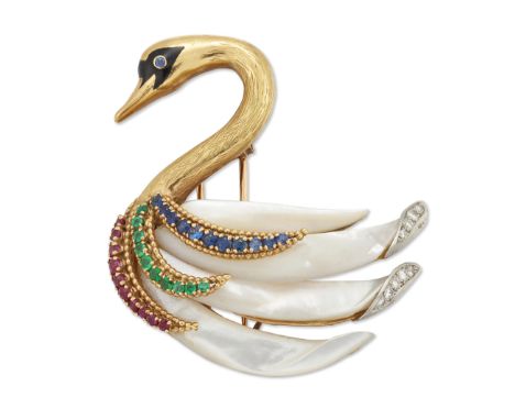 Boucheron. A diamond and gem set brooch, modelled as a swan, with carved mother-of-pearl body with diamond, sapphire, ruby an