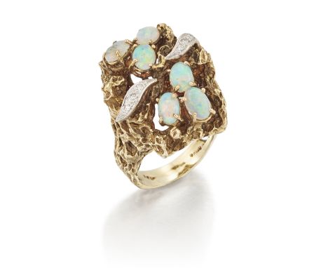 An opal and diamond ring, the openwork abstract head claw set with oval cabochon opals, and with single-cut diamonds grain se