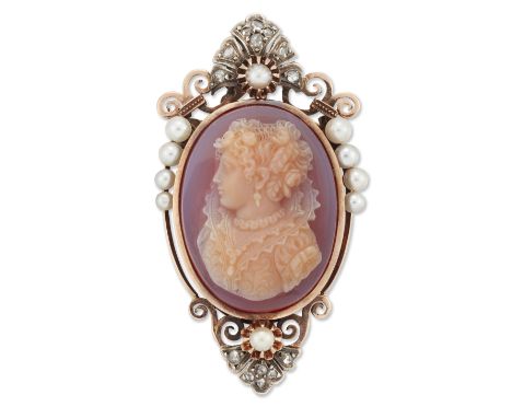 A Continental sardonyx cameo brooch/pendant, the sardonyx cameo depicting the bust of a lady in Elizabethan costume, to rose-