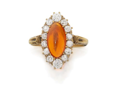 A Victorian gold fire opal and diamond ring, the navette shaped cabochon fire opal with old-brilliant-cut diamond border, to 