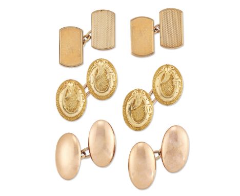 Three pairs of gold cufflinks, comprising a pair of oval cufflinks with garter motif; a pair of 9ct gold plain oval cufflinks