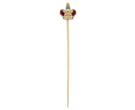 An Imperial Russian gold and  polychrome enamel stickpin, modelled as the Romanov crown, maker's mark, A.T, possibly for the 
