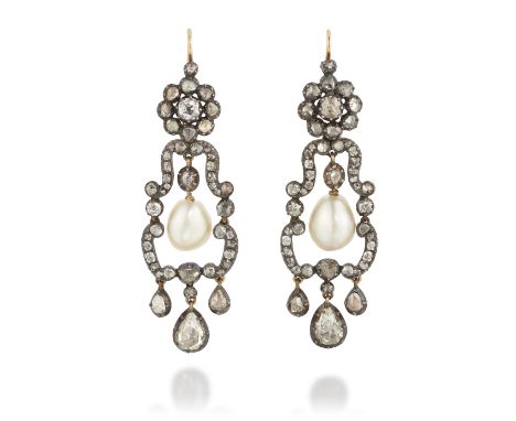 A pair of early 19th century diamond and pearl earrings, an articulated rose-cut and mine-cut diamond frame suspending a cent