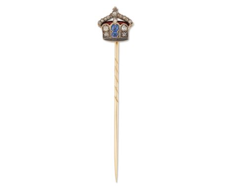 A late 19th century Continental  gold, diamond andgem-set and enamel stickpin, modelled as an imperial crown, possibly German