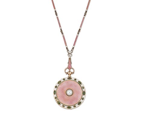 A pearl, emerald and enamel pendant, of circular outline, a central pearl (untesed) to pink guilloché enamel ground, with an 