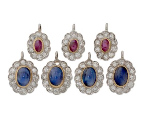 Seven diamond and ruby/sapphire cabochon cluster pendants, comprising four sapphire and diamond pendants and three smaller ru