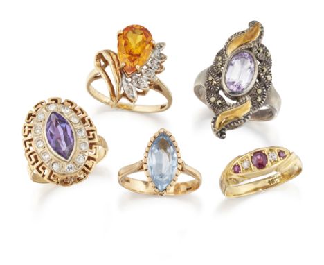 A group of gem set rings, comprising: an 18ct gold ruby and diamond five stone ring, circa 1900, ring size Q; a synthetic cor