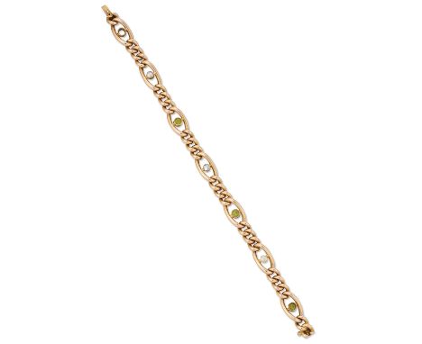 An Edwardian 15ct gold peridot and blister pearl bracelet, with alternating round-cut peridots (one deficient) and blister pe