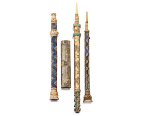 Three 19th century gold mounted hardstone and gem pencils and a gold in quartz matrix mount, comprising: a gold mounted prope