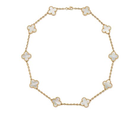 Van Cleef & Arpels. A gold mother-of-pearl 'Vintage Alhambra' necklace, mother-of-pearl quatrefoil links, joined by filed tra