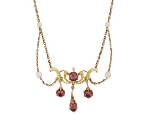 An Art Nouveau garnet, pearl and enamel swag necklace, the enamelled garnet and old brilliant-cut diamond set foliate centrep