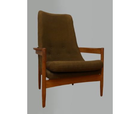 A Guy Rogers of Liverpool "Delta" teak armchair, c.1964, the wrap around frame detaches from the original upholstered seat. I