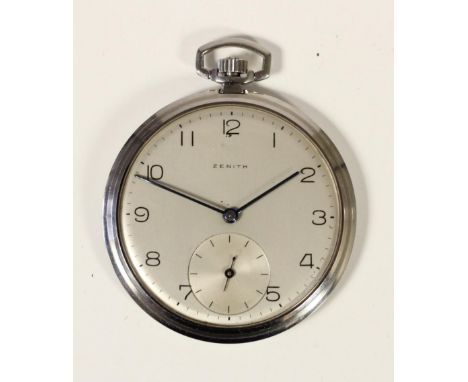 Zenith, a stainless steel manual wind pocket watch, silvered dial with Arabic numerals, the signed movement numbered 3325771,