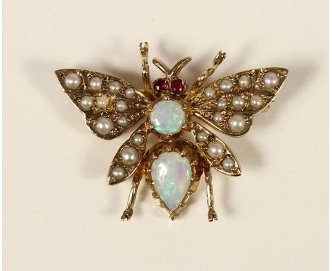 A 9ct gold opal, ruby and half pearl Victorian style butterfly brooch, London 198, 27 x 20mm, 3.2gm.