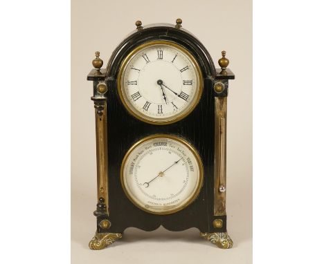 A 19th century ebonised mantel clock/barometer, with white enamel dials, the movement signed D.H, the aneroid barometer, flan