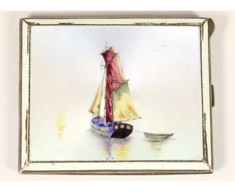A silver and enamel cigarette case, Birmingham 1948, the guilloche enamel cover with a gaff rigged sailboat and tender, 10 x 