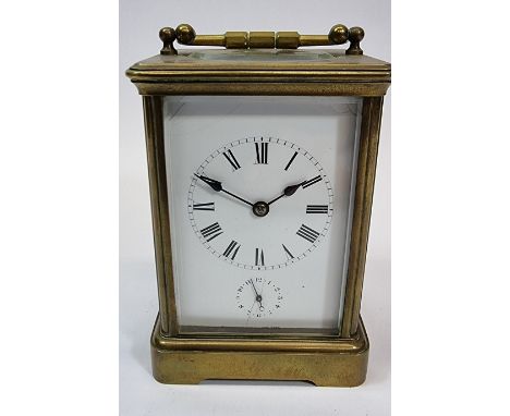 A French 19th century alarm carriage clock, the white enamel dial with subsidiary alarm dial, the movement by R caduceus C, F