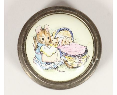 A silver and enamel limited edition pill box, London 1983, 17/150, the pull off cover by Frederick Warne, diameter 5.5cm, 1.5