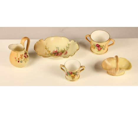 A collection of Royal Worcester porcelain to include, two miniature blush ivory two handled cups, a blush ivory basket, and a