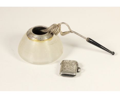 A filigree silver pipe, unmarked, in the form of a flowerhead, 13cm, a silver vesta case, Chester 1900 and a silver mounted g