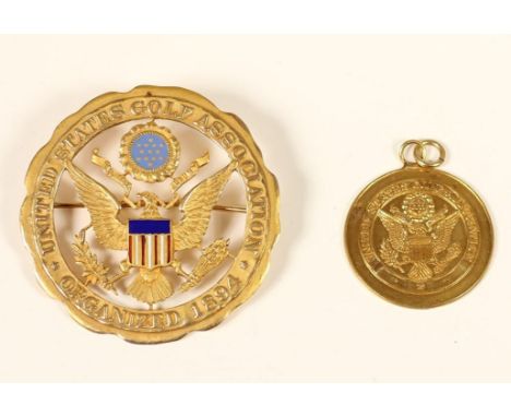 Of USA Golf interest, a 10k gold and enamel United States Golf Association, Organized 1894, cast circular brooch, stamped J.E