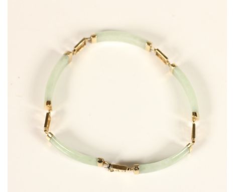 A Chinese jade (untested) and gold panel link bracelet, the connectors with character mark panels, 192mm, 10.9gm