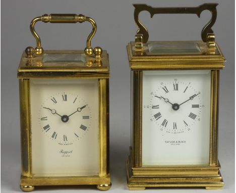 A brass carriage clock, the white enamel dial signed Taylor and Bligh, England,11.5 x 8.5 x 6.5cm together with a similar sig