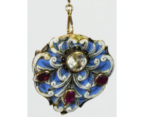 Carlo &amp; Arthur Giuliano, an unusual gold, enamel, garnet and paste brooch, c.1895-1914, the typical blue, white and black