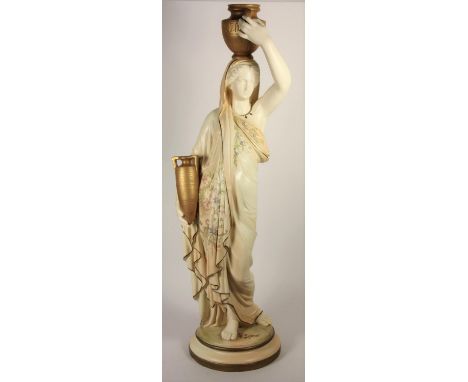 A large Royal Worcester figurine of a lady Grecian water carrier, c.1905, blush ivory dress with colourful floral detailing, 