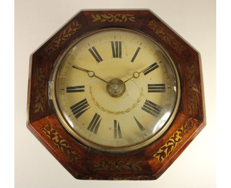 A 19th century mahogany and brass inlaid, postman's alarm clock with a 9" painted dial, and a central alarm dial, the movemen