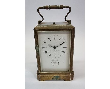 A French 19th century brass alarm and repeating carriage clock, by Japy Freres, Paris, the white enamel dial with Roman numer