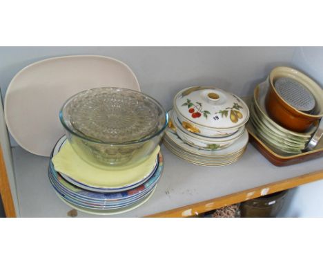 Shelf of assorted china including Poole pottery serving dishes etc