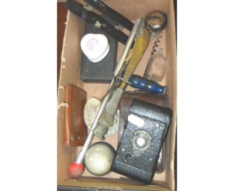 Assorted items including Kodak Autograph camera, Trench Art paper knife, R.F.C. pin box etc