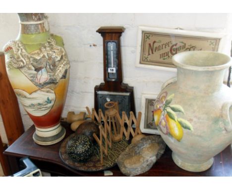Aneroid barometer, two large vases, a woolwinder & other items (11 items)