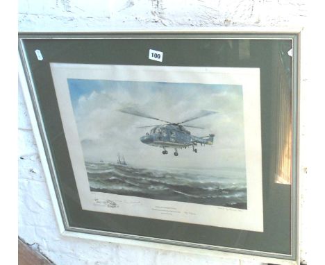 Limited Edition print of a Westland Lynx helicopter by David Gibbings, signed by the artist & pilots