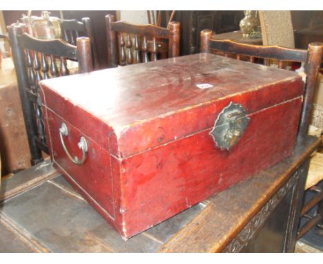 Chinese lacquered trunk with brass lock & handles