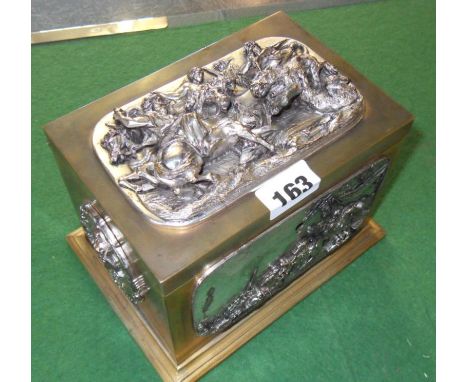 Impressive Victorian silver-plated tea caddy with two compartments in lidded box having relief classical figural panels, with