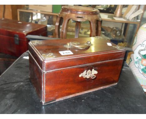 Georgian mahogany three-section tea caddy with brass mounts, handle, escutcheon and key 
