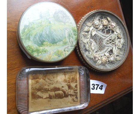 Victorian paperweight with print of “Popping Stone of Giesland”, a glass & bronze frame enclosing a fragment of old lace, and