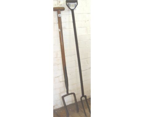 19th c. two-prong garden fork for clay, and another similar