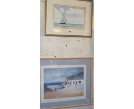 A marine watercolour by Leonard Tomsett, and a colour print of a beach scene signed Lamac