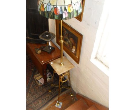 Art Nouveau brass standard lamp having marble shelf above four brass legs with swags & shaped stretcher (later Tiffany-style 