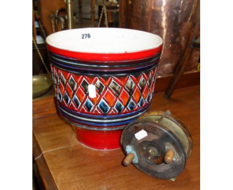 1960's Poole pottery jardiniere, and a wood & brass fishing reel