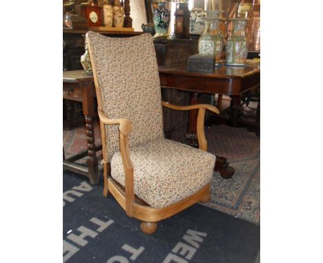 Arts & Crafts light oak nursing chair with upholstered back & seat