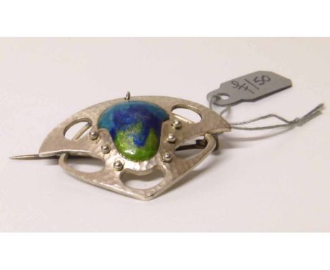 An Arts & Crafts silver and enamel brooch, Gourdel Vales & Co, Birmingham 1908, the pierced and shaped body with a hammered f