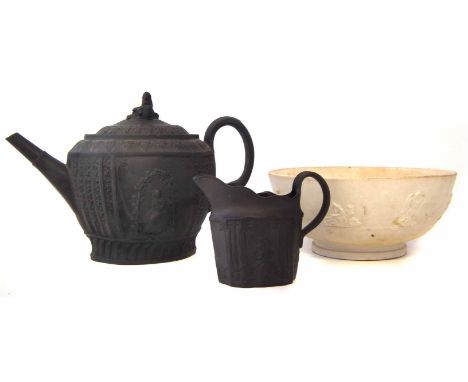 Black basalt teapot circa 1800, a similar jug, and a stoneware bowl. Condition report: see terms and conditions