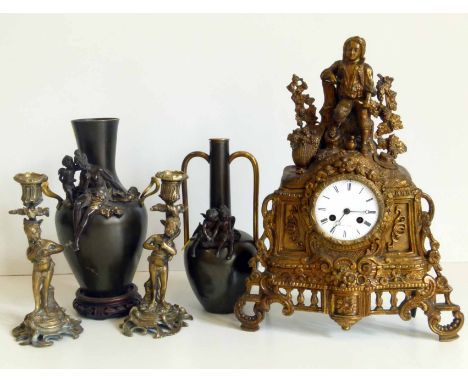 Le Roy Paris French Rococo mantel clock, pair of similar garnitures and two vases decorated with cherubs. Condition report: s